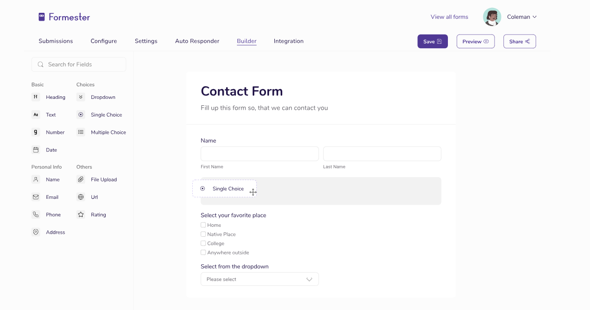 Form builder showing drag and drop functionality