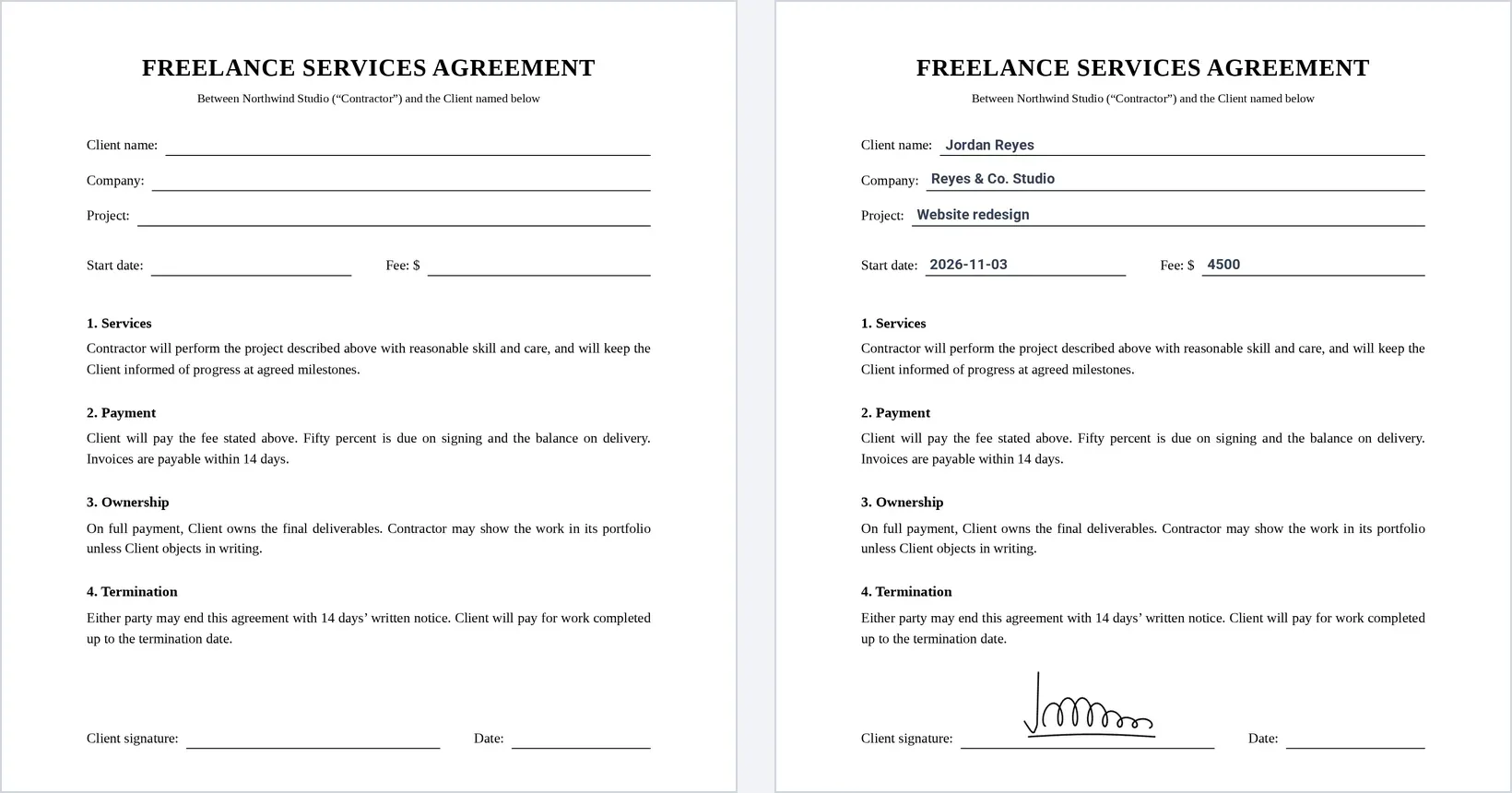 A blank freelance services agreement next to the same PDF filled in with a client's form answers and their drawn signature