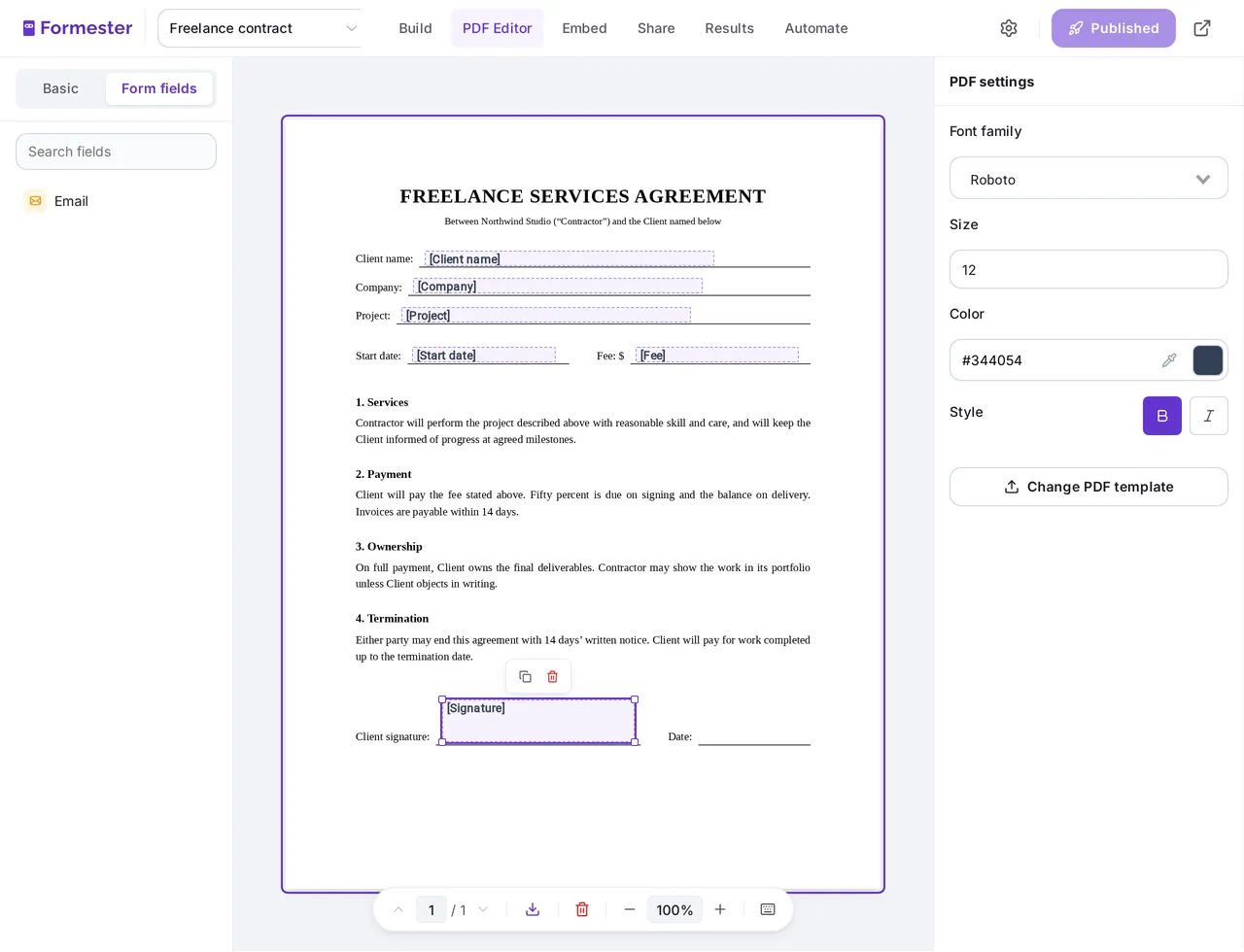 Form fields placed on an uploaded freelance services agreement in the Formester PDF Editor, with a signature box on the signature line