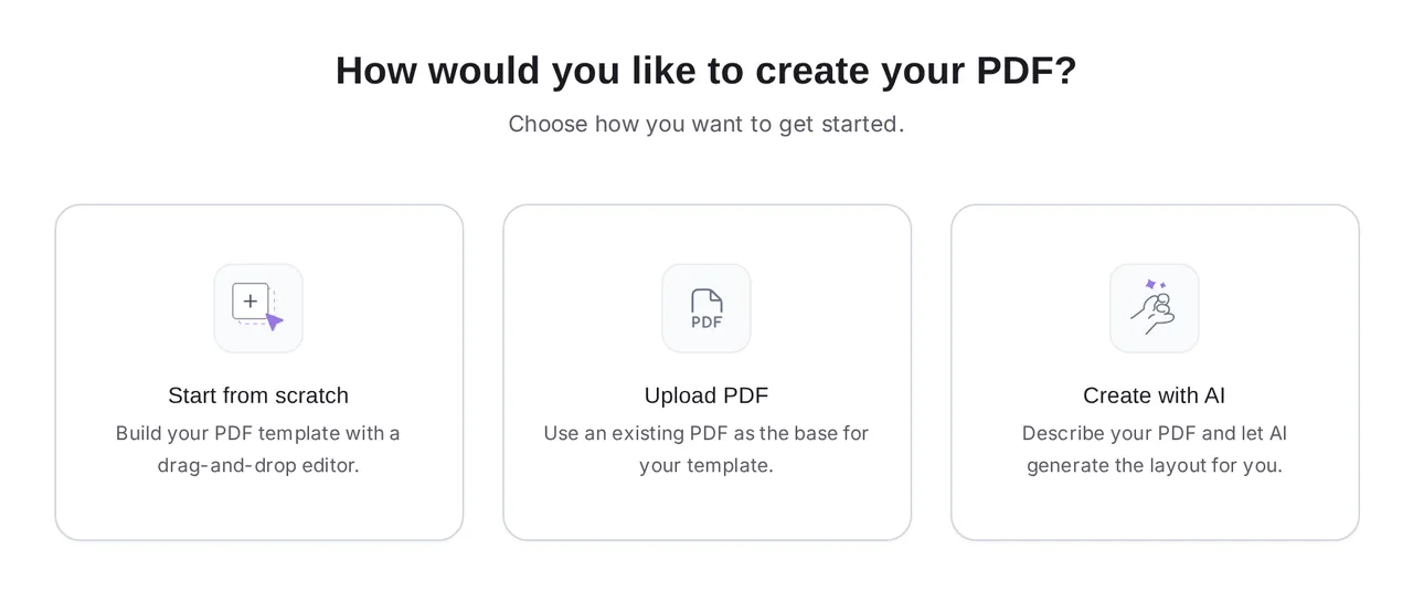 The Formester PDF Editor asking how to create the PDF: Start from scratch, Upload PDF, or Create with AI